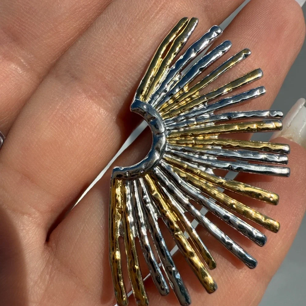 Sun Gold Stainless Steel Silver Sunburst Earrings